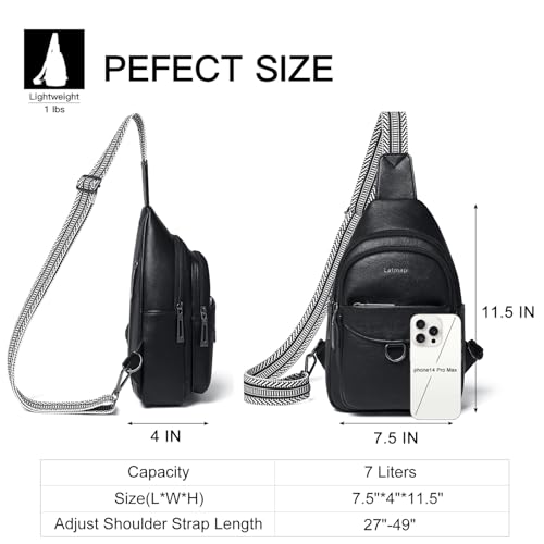 LATMAP 7L Sling Bag for Women Men Crossbody Belt Bag Small Travel Sling Backpack Anti Theft Chest Daypack Purse Faux Leather - color: Black