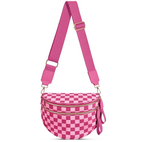 Checkered Nylon Crossbody Bag Bum Bag for Women Mom Large Checkered Fanny Packs with Adjustable Strap - color: Rose Checkered