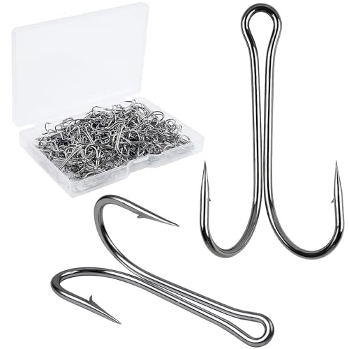 Classic Double Fishing Hooks for Saltwater Freshwater,High Carbon Steel Fishing Bait Frog Hooks with Open Shank Small Barbed Fly Tying Hooks Fishing Tackle Multiple Size - size: 1/0 - 100pcs