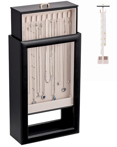 Lolalet Upgraded Double-Sided Hanging Necklace Organizer Box, Jewelry Display Case with Double-Sided Clear Window for Necklaces Bracelets, Tangle-Free Necklace Storage Box, Black, 1-Layer 20 Hooks - color: Black, size: 1-Layer, 20 Hooks
