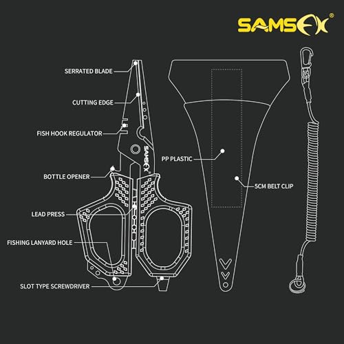 SAMSFX Fishing Braid Line Scissors Shears with Titanium Coating and Dual-Serrated Blade, Kraton Handle, Arrives with Hard Sheath and Coiled Lanyard (Yellow Kraton Handle) - color: Yellow Kraton Handle