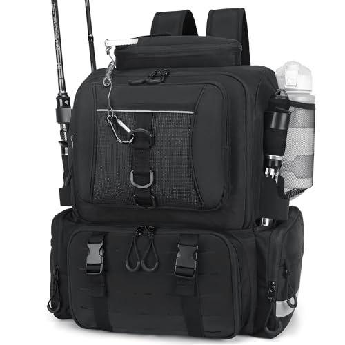 WANOON Fishing Backpack,Tackle Bag,with Tackle Boxes. Large Fishing Bag, Strong Materials | 42L Large Capacity Fishing Bag, Multiple Pockets for Organized Outdoor Fishing Storage - color: Black, size: 42L-With Tackle Boxes