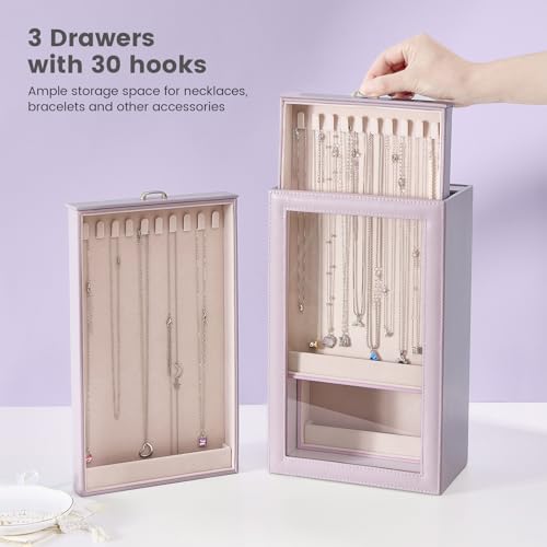Lolalet Necklace Organizer Box, Jewelry Storage Box with Clear Window for Necklaces Bracelets, Tangle-Free Necklace Display Case for Women Girls, Dusty Purple, 3 Layers 30 Hooks - color: Dusty Purple, size: 3 Layers, 30 Hooks