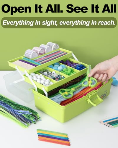 TERGOO 12in 3-Layer Plastic Craft Organizers and Storage, Portable Folding Tackle Box with Handle & Adjustable Dividers, Multipurpose Case for Sewing, Art Supplies, Medicine, Tools (Green) - color: Green