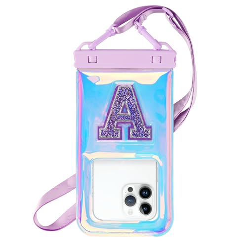 Waterproof Phone Pouch Floating, IPX68 Waterproof Phone Case with Lanyard for iPhone 17 16 15 Pro Max Samsung S26 S25 S24 S23, Up to 7 Inch, Beach Vacation Essentials, Iridescent Purple Letter - color: Iridescent Purple Letter