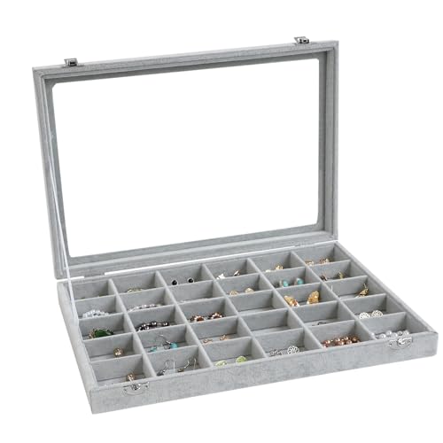 Wudygirl 30 Grid Jewelry Organizer Velvet Jewelry Box Jewelry Tray with Clear Lid Storage Case Showcase Display Stackable Removable (30 Grid) - color: Gray, size: 30 Grid