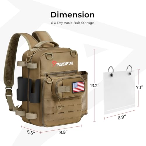 Piscifun Fishing Tackle Backpack, Convertible Sling or Waist Pack, 16-Pocket Storage Gear Bag with 2 Rod Holders & Rain Cover - color: Khaki