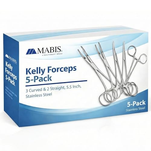 MABIS Precision Kelly Forceps [5‑Pack] Locking Hemostats, 3 Curved & 2 Straight, 5 1/2 Inch Tweezers Clamp Set, Stainless Steel, Fine Tip for First Aid, Sewing, Piercing Removal Tool, Fishing & DIY - size: Pack of 5, style: Combo Pack