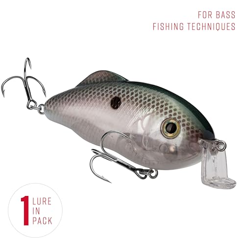 Strike King Hybrid Hunter Shallow Jr. Fishing Lure, Shallow Diving Crankbait, 90-Degree Bill, 3D Eyes, Loud Rattle, Dives 1 to 3-Feet,Size 4 & 6 Treble Hooks - color: Green Gizzard Shad, size: 1/2 oz