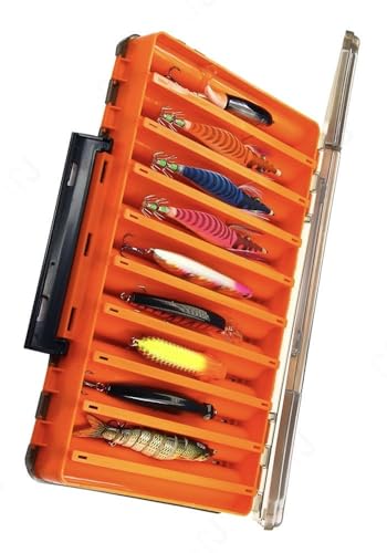 Large Fishing Lure Box Organizer - 18 Compartment Double-Sided Fishing Tackle Box, 2 Packs Plastic Clear Storage Case for Crankbaits, Squid Jigs and Baits - color: Orange and White