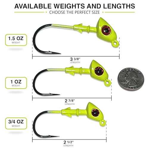 Jig Heads for Fishing with Super Sharp Black Nickel Hooks - Double Locking Bait Stays & Multi-Color 3D Eyes - Perfect for Freshwater & Saltwater Fishing - color: Chartreuse, size: 1 oz - 3 Pack