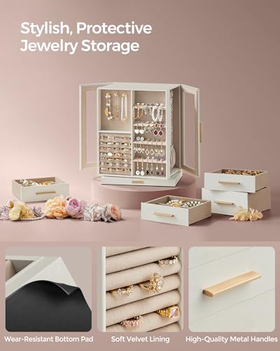 SONGMICS GISELLA Collection - Jewelry Box Organizer 360° Rotating, Vertical Jewelry Storage Case with 5 Drawers, Glass Window, Spacious, Open Design, Great Gift, Cloud White UJBC170W01 - color: Cloud White, size: 5 Drawers (6.3"d X 8.7"w X 11.2"h)