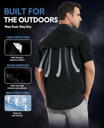 Haimont Men's UPF 50+ Short Sleeve Hiking Button Down Shirt | Quick-Dry Stretch, Mesh Back Vents, Rod Holder & Sunglasses Loops, Outdoor & Travel - color: Black, size: XX-Large