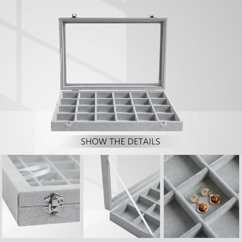 Wudygirl Jewelry Organizer Velvet Jewelry Tray 24 Grid Jewelry Box Earring Holder Organizer Removable Display Case Organizer Glass Top Lid & Lock (24 Grid) - color: Gray, size: 24 Grid