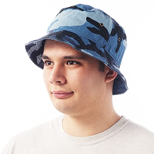 Cotton Bucket Hat Packable Sun Hat – Unisex Summer Travel Beach Fisherman Hat for Men Women Outdoor Fishing Hiking - color: Blue Camo, size: Small-Medium