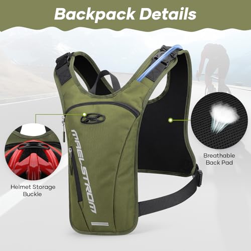 Maelstrom Hydration Running Vest with 2L Water Bladder for Men Women | Chest Pack, BPA-free, High Flow Bite, Reflective Stripe, Detachable, Breathable Pad, Perfect for Cycling, Marathon, Hiking - color: Army Green