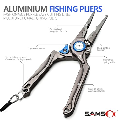 SAMSFX Fishing Pliers, Muti-Function Fly Fishing Tools, 8" Saltwater Resistant Gear Hook Remover Split Ring Tungsten Cutters, with Lanyard & Sheath - color: Blue Fishing Pliers with Dehooker