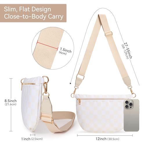 KALIDI Checkered Crossbody Bags for Women Travel Flat Fanny Packs for Woman Men Nylon Cross Body Purse Fashion Belt Bum Bag - color: Beige Checkered