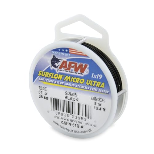 American Fishing Wire Surflon Micro Ultra Nylon Coated 1x19 Stainless Steel Leader Wire - Knottable Fishing Leaders Saltwater & Fly Fishing, 6lb Test - 61lb Test, Bright, Black & Camo Colors - color: Black, style: 5 Meter, 61 Pound Test