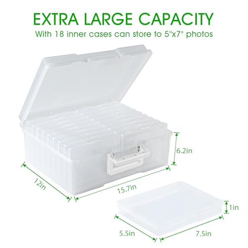 Photo Storage Box 5 x 7 Inches, 18 Inner Extra Large Photo Boxes with Dividers, Clear Acid-Free Photo Storage Containers with Handle, Photo Organizer Craft Keeper for Photo, Craft, Stamp - color: Clear