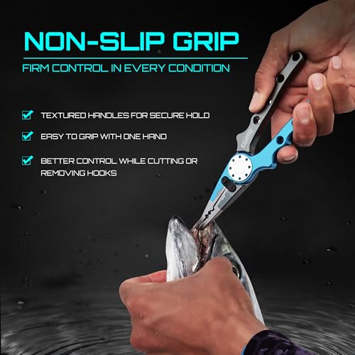 Gaffer Sportfishing Aluminum Fishing Pliers - Stainless Steel Titanium-Coated Jaws, Braided Line Cutters & Split Ring Tip - Non-Slip Grip, Nylon Sheath & Lanyard for Saltwater or Freshwater Use