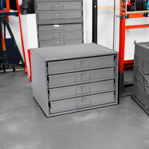 Global Industrial Durham Steel Compartment Box Rack, 20"L x 15-3/4"W x 15"H | Four Adjustable Divider Compartment Boxes, 18"L x 12"W x 3"H Boxes