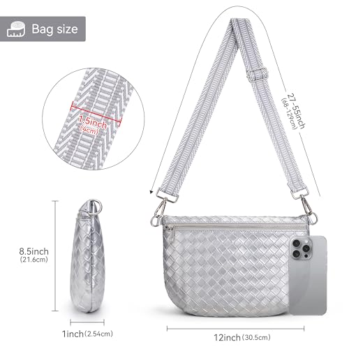 KALIDI Woven Crossbody Bags for Women Travel Vegan Leather Fanny Packs for Woman Men Cross Body Purse Fashion Belt Bum Bag - color: Silver