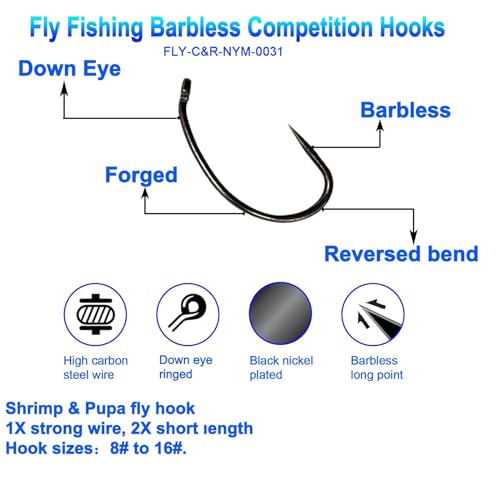 EUPHENG Barbless Fly Fishing Hooks Dry Nymph Wet Shrimp Jig Hooks for Fly Tying Assorted with Waterproof Hook Box - style: 9251-shrimp & Pupa Fly Hooks Qty 200