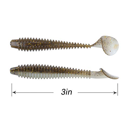 RUNCL Swimbaits Paddle 10/20/30/40PCS, 5/4/3/2 Inchs Paddle Tail, Soft Lure for Trout Crappie Bass, Durable Plastic Bait Swimmer for Saltwater/Freshwater, Fishing Lover's Gift - color: Brown Flash, size: 3in, 30pcs
