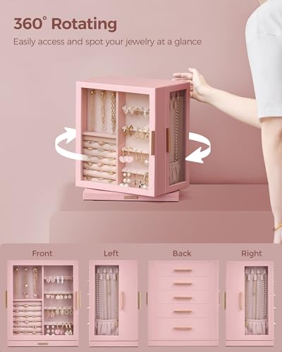 Glimmloop 360° Rotating Jewelry Box with 5 Drawers, Spacious Vertical Jewelry Organizer with Glass Window, Jewelry Storage Case, Dustproof & Moisture-resistant Design, Pink - color: Pink, size: 5 Drawers (6.2"D x 9.2"W x 11.4"H)