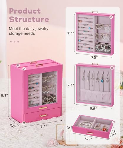 Homde Mothers Day Gifts Jewelry Organizer Girls Women Jewelry Box for Necklaces Rings Earrings Gift Bracelets Storage Case(Pink + Gold) - color: Pink + Gold