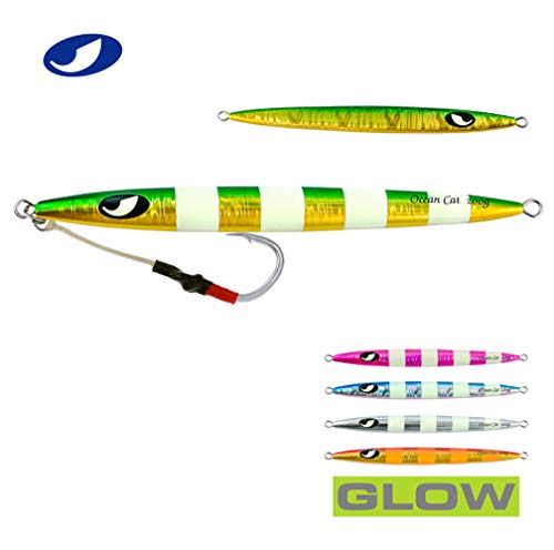 OCEAN CAT Slow Pitch Jig Flat Fall Jig Saltwater Fishing Luers Mental Vertical Jigging Baits with Hooks 5 Colors 4 Weights - color: #012:Green&Gold, size: 10 4/7oz(300g)