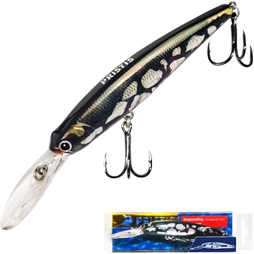 Pristis Minnow Fishing Lure, Long Casting Crankbait with Sharp Treble Hooks, Saltwater Freshwater Hard Bait Plug Set Tackle Kit with Precise Weight & Exquisite Coating for Crappie Bass Pike - color: Suspending-Obsidian Silver