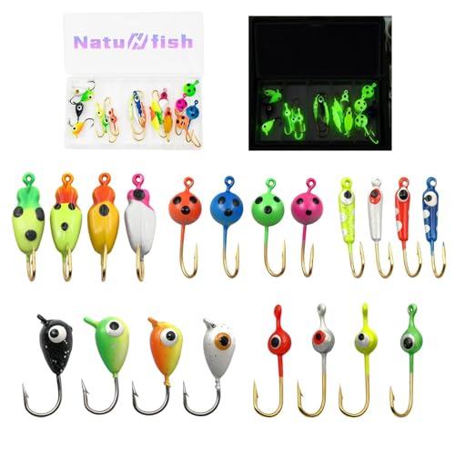 Glow Ice Fishing Jigs | Winter Ice Fishing Lures Set | Micro Jig Head for Pike, Panfish, Crappie, Perch, Walleye, Trout, Bluegill - with Storage Box - color: 20pcs