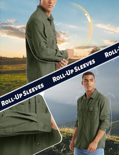 TACVASEN Fishing Shirt for Men, Long Sleeve Shirt Quick Dry Fit, Tactical Shirt Button Up, Work Shirt Lightweight Safari - color: Green, size: XX-Large