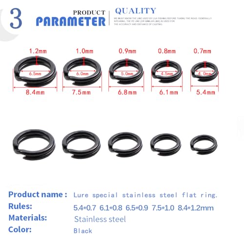 200PCS Heavy Duty Stainless Steel Split Rings, Double Fishing Lure Rings, 5 Sizes 5.4-8.4mm, 40-150LB (Black) - color: Black