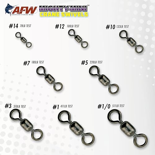 AFW American Fishing Wire Fishing Swivels - Mighty Mini 100% Stainless Steel Crane Swivels, 3X Stronger Than Brass, for Terminal Tackle Box, Up to 600lb Test - Fishing Gear for Fishing Line Leaders - size: 10 Pieces, 78 Pound Test
