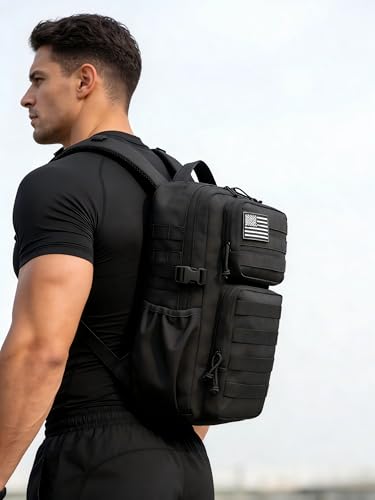 Wotony Military Tactical Backpack for Men Waterproof Daypack 3 Day Assault Pack Molle Bag with Water Bottle Holder - color: Black, size: 25L