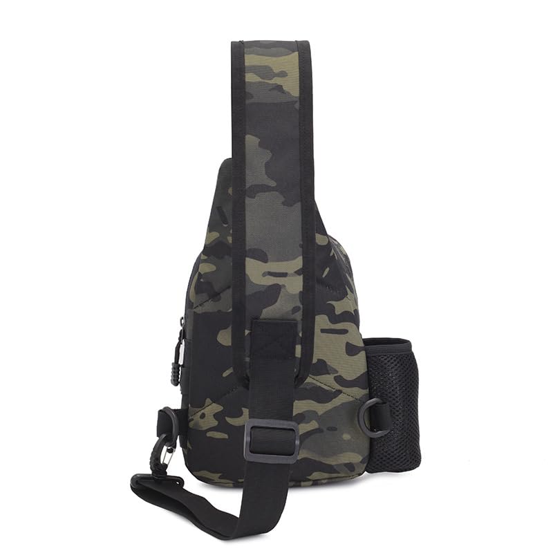 Tactical Chest Sling Bag with Water Bottle Holder & Key Ring Strap, Military Molle Camouflage Backpack for Fishing