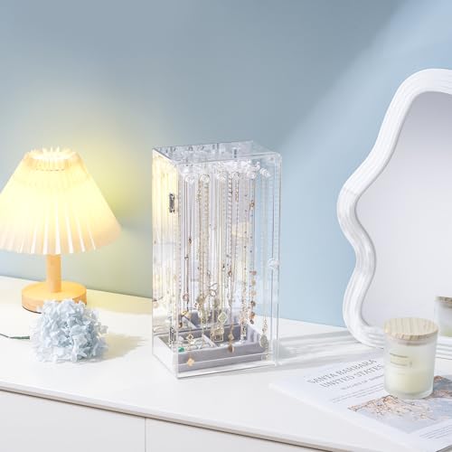 Lolalet Necklace Holder Organizer, Acrylic Jewelry Organizer with 24 Hooks, Rotating Clear Necklaces Display Box with Built-in Mirror, Dust-proof Jewelry Storage Case with Velvet Tray -Clearmirror - color: 1 -Clearmirror