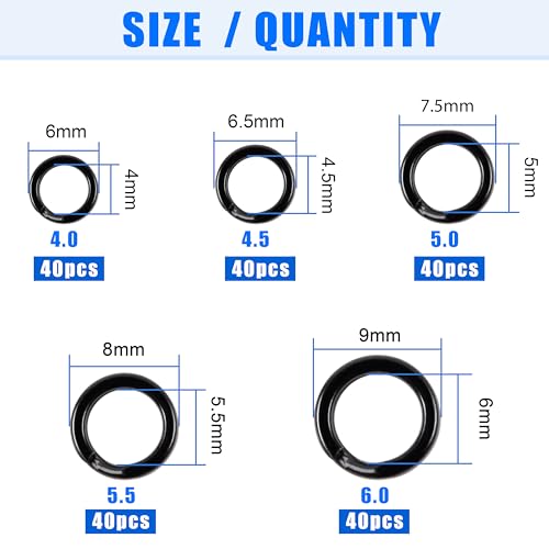 Fishing Split Rings Kit,200pcs Stainless Steel Split Rings Heavy Duty Wire Fishing Rings Fishing Lure Rings Saltwater Fishing Lure Connectors Round Solid Rings for Jigging Trolling - color: 200pcs Black Rings Kit