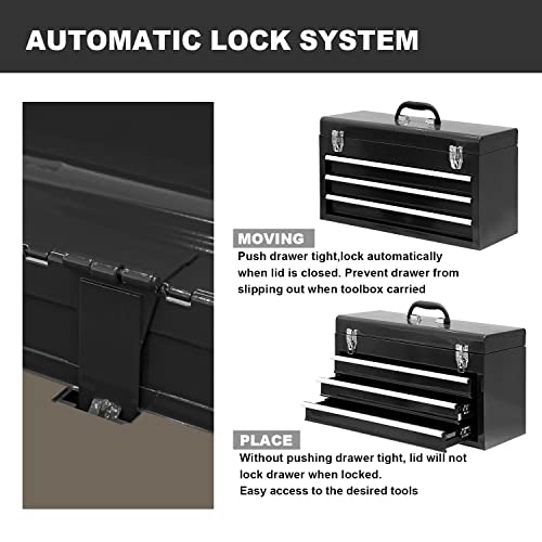 BIG RED 3 Drawer 20“ Metal Tool Box Portable Steel Tool Chest with Metal Latch Closure for Garage, Home and Workbench,Black,ANTBD133-XT - color: Black, size: 20.5 Inch