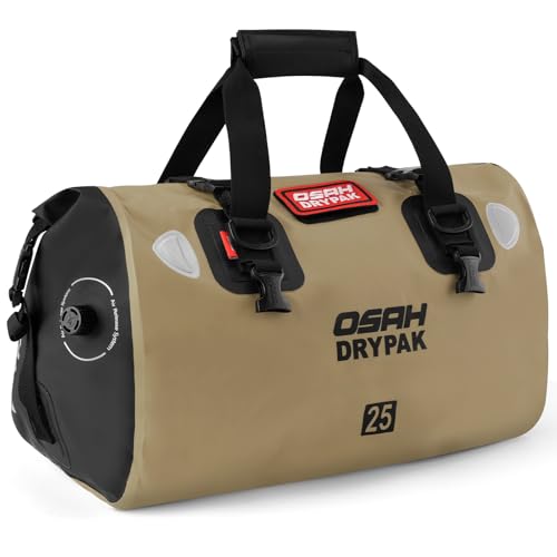 OSAH DRYPAK Waterproof Duffel Bag - Motorcycle Dry Bag Tail Bag with Large Storage Space, Waterproof Luggage Duffle Bags with Outer Mesh Zipper Pocket for Camping, Kayaking, Fishing & Traveling - color: Brown, size: 25L
