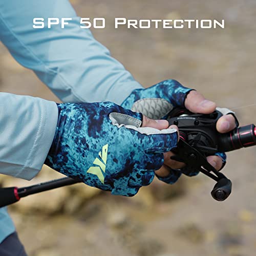 KastKing La Sal Fishing Gloves UPF50+ Sun Gloves UV Protection Fingerless Gloves Men Women for Outdoor, Kayaking, Rowing, Paddling, Canoeing, Hunting - color: J: Boulder Camo Posidon, size: Small-Medium