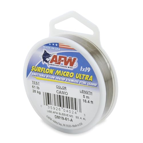 American Fishing Wire Surflon Micro Ultra Nylon Coated 1x19 Stainless Steel Leader Wire - Knottable Fishing Leaders Saltwater & Fly Fishing, 6lb Test - 61lb Test, Bright, Black & Camo Colors - color: Camo, style: 5 Meter, 61 Pound Test