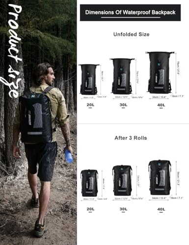 IDRYBAG Waterproof Backpack for Men 20L/30L/40L, Floating Dry Bag Kayak, Dry Backpack Hiking - color: Black, size: 20L