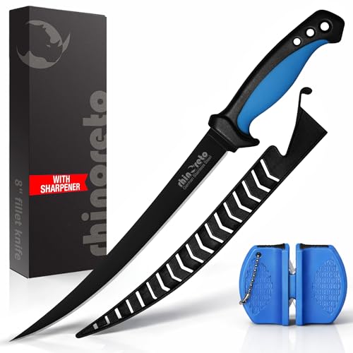Rhinoreto Fillet Knife for Fish - Razor Sharp G4116 German Stainless Steel Blade, 8 Inch Professional Filleting & Boning Knife with Non-Slip Handle, Protective Sheath & Sharpener - color: Blue, size: 8"