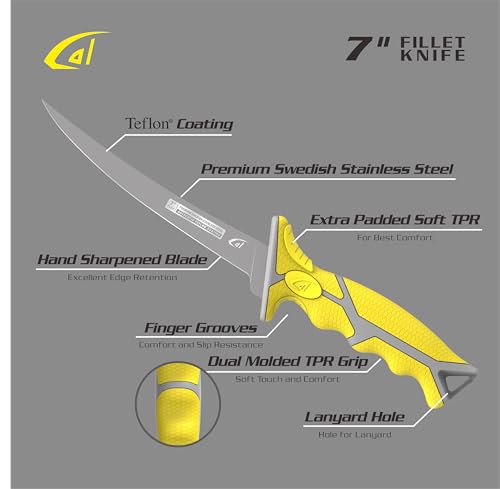 Gambler 7" Karl Flex Fillet Knife Fishing Knives, Bait Knife, Premium Swedish Stainless Steel Blade, Non-Stick Teflon Coating for Smooth, Precise Cuts, Freshwater/Saltwater - size: 7" Flex