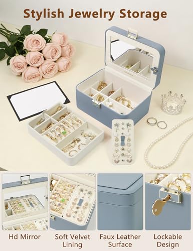 KAMIER Jewelry Organizer Box, 2 Layers PU Leather, Large Capacity, Double Lock and Large Mirror, Hidden Necklace Hooks, Removable Dividers, Gift Box Packaging,Bluish Grey - color: Bluish Grey, size: mirror