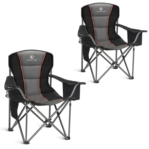 ALPHA CAMP Oversized Camping Chairs 500 LBS Capacity Fully Padded Heavy Duty Lawn Chair for Heavy People, Portable Outdoor Chair with Cooler Bag & Cup Holder for Camping, Fishing, Beach,2PC - color: Black